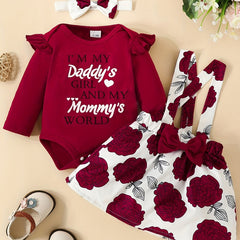 3pcs Long Sleeve Triangle Onesie Suspender Dress Set Newborn Alphabet Print