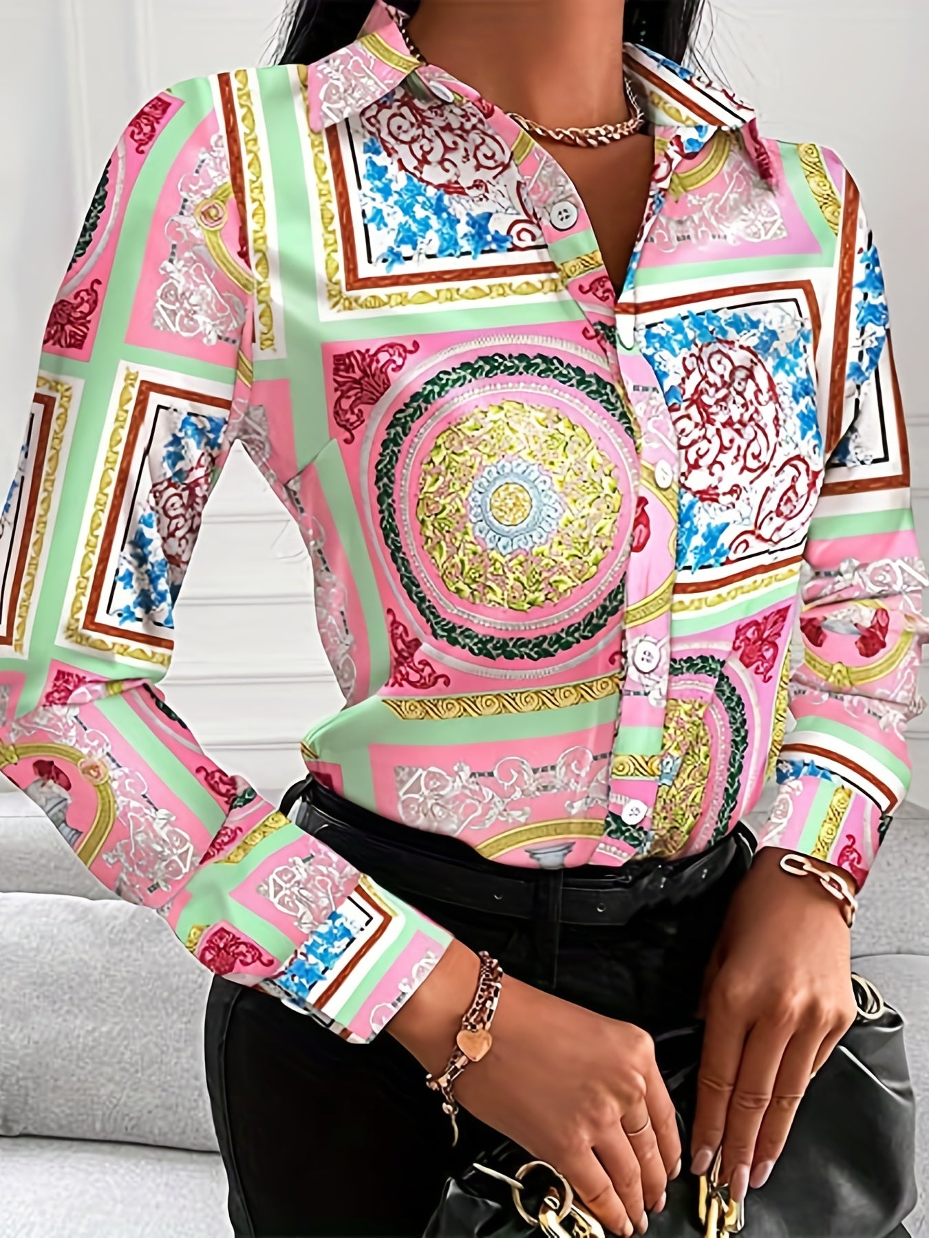 Boho Blouse Patchwork Print Long Sleeve Button Up Shirt Top