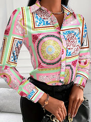 Boho Blouse Patchwork Print Long Sleeve Button Up Shirt Top