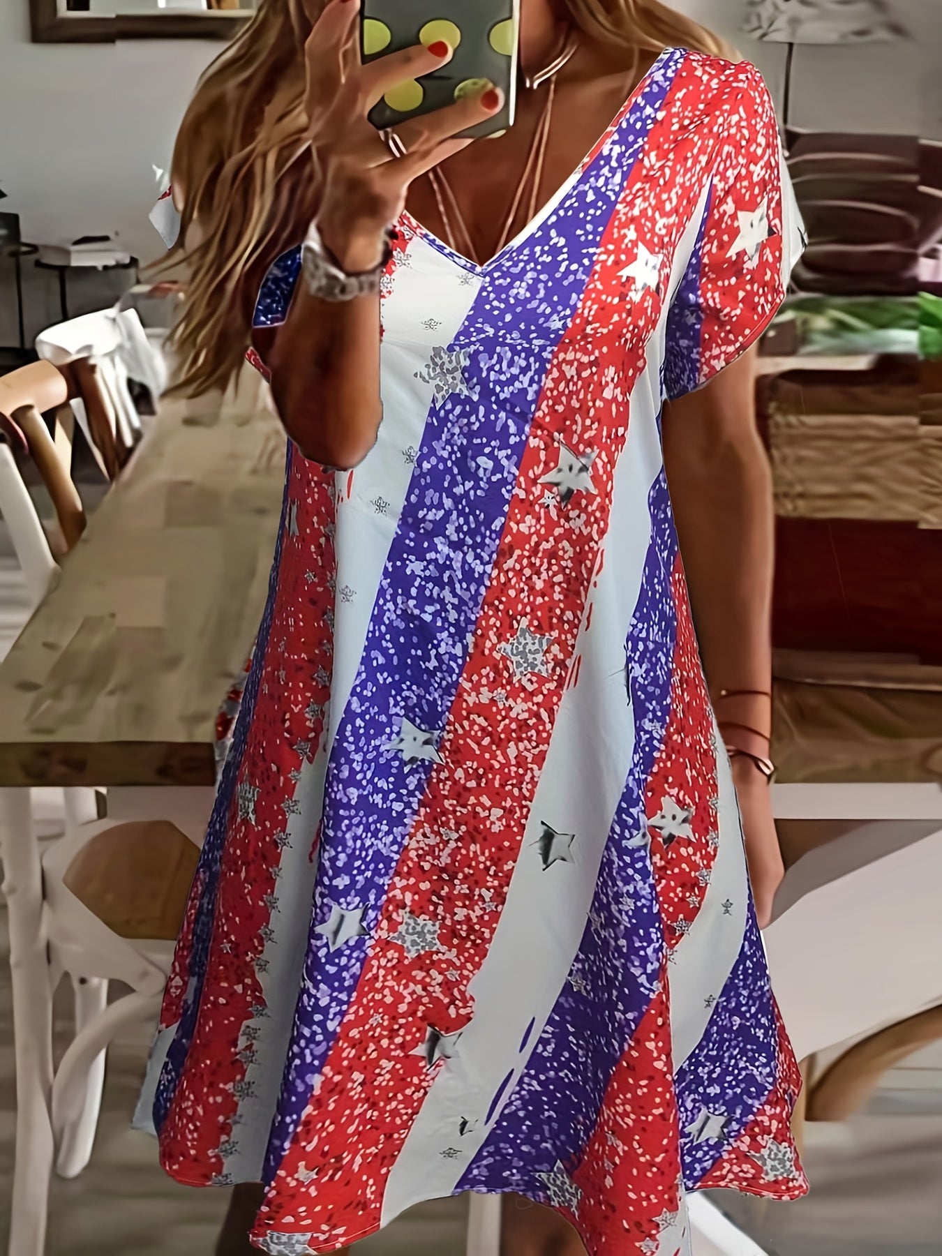 Casual Dress Women's Plus Stripe & Star Print V Neck Dress