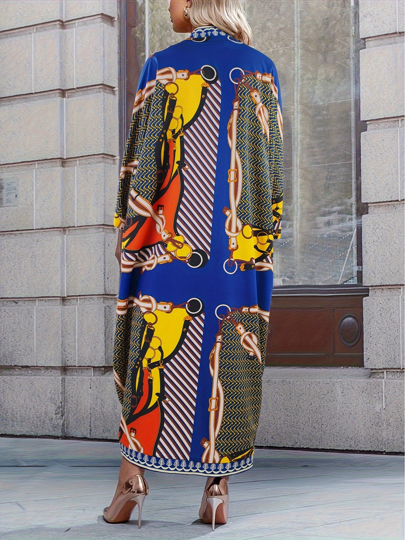 Chevron Chain Print V Neck Maxi Kaftan Cover Up Dress