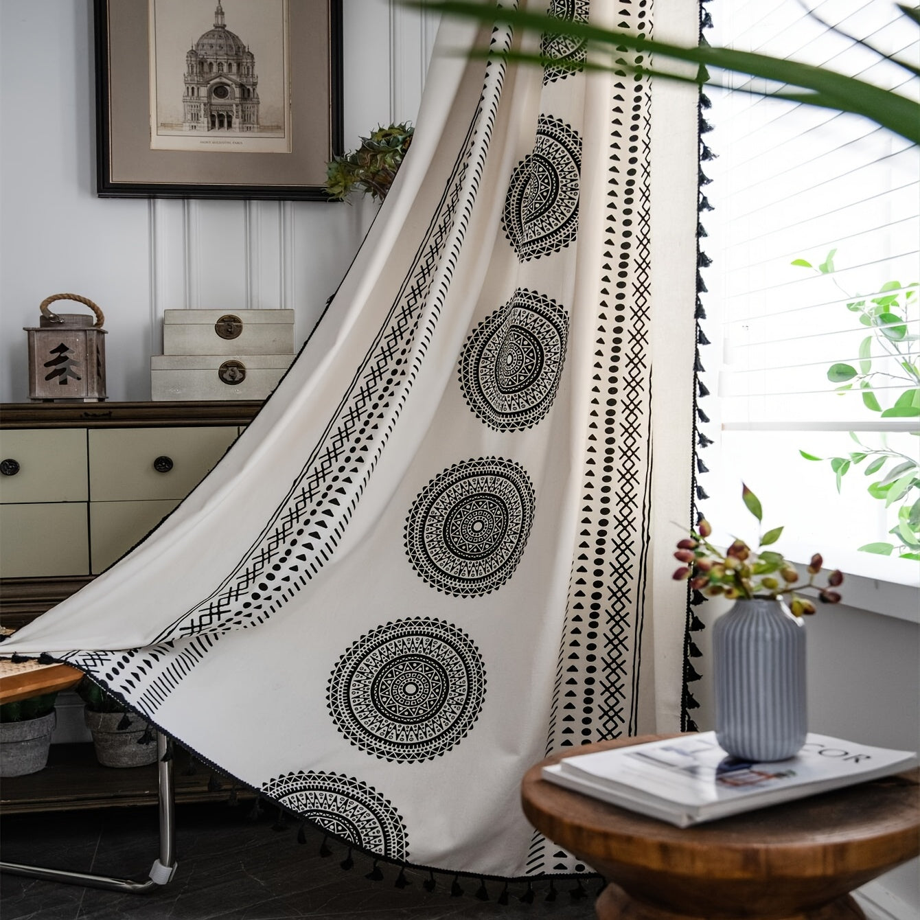 Boho Geometric Print Cream Curtain With Fringe - Semi Blackout