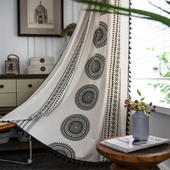 Boho Geometric Print Cream Curtain With Fringe - Semi Blackout