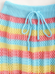 Boho Block Striped Skirts Vacation Crochet Drawstring Bodycon