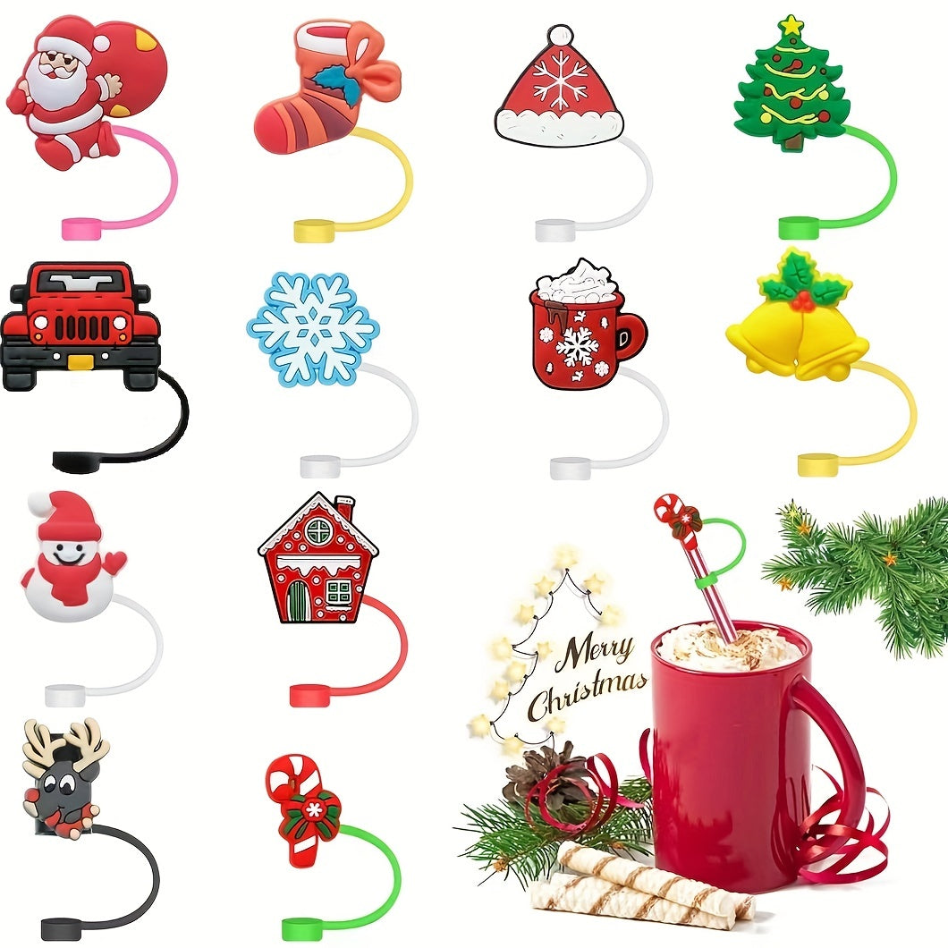 12pcs Christmas Silicone Straw Cover Reusable Straw Plug for Cup AC