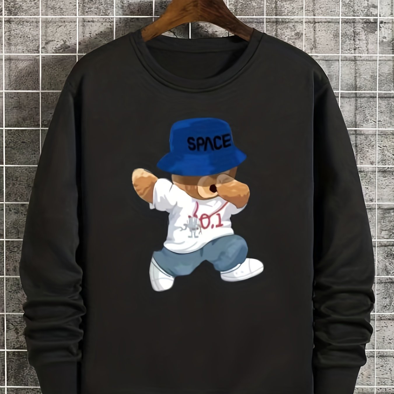 Kid's Cartoon Bear Pattern Sweatshirt SPACE Print Pullover Crew Neck