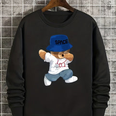 Kid's Cartoon Bear Pattern Sweatshirt SPACE Print Pullover Crew Neck