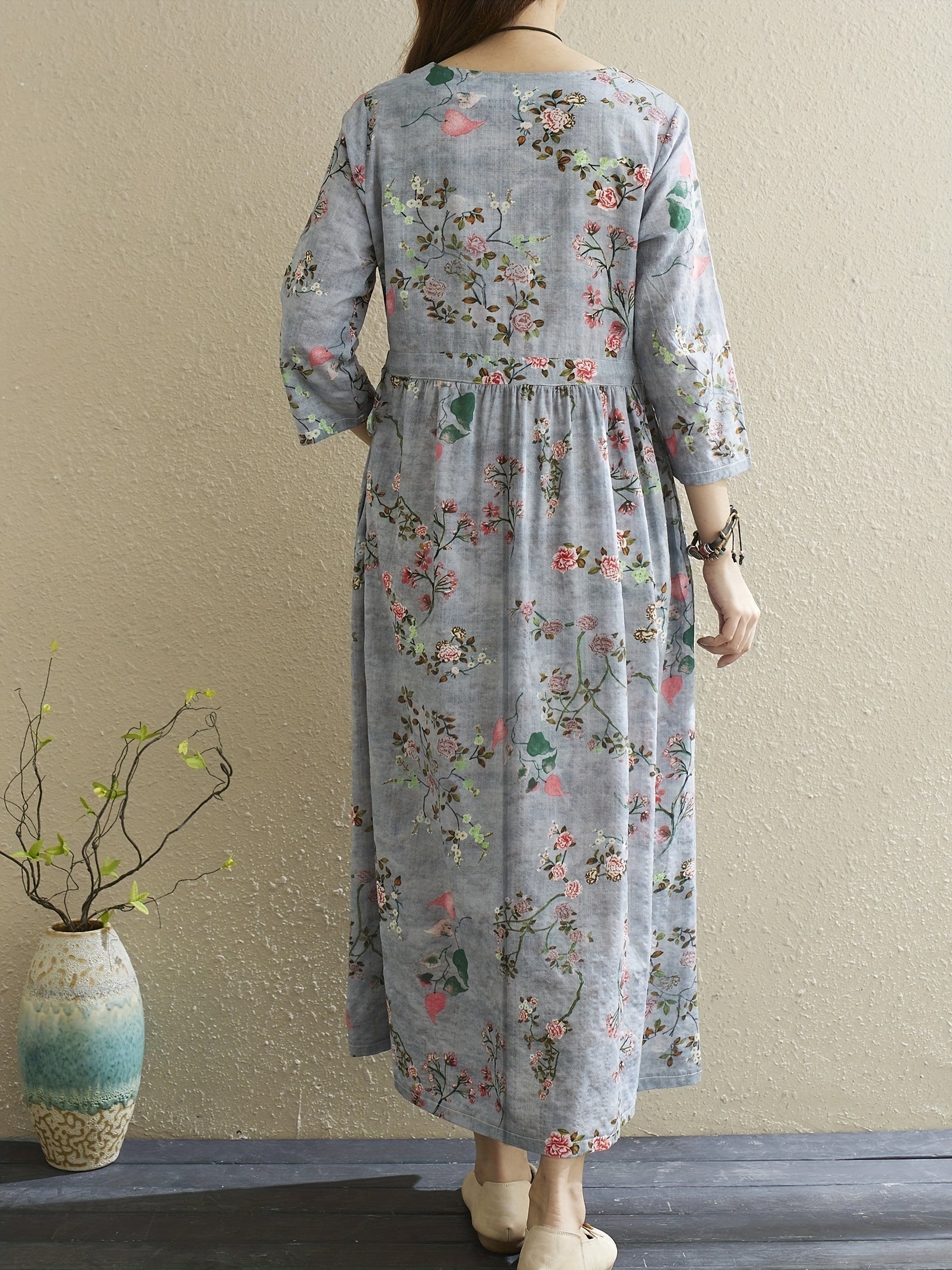 Vintage Floral Print Dress Crew Neck 3 4 Sleeve Dress Women's Clothing