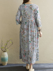 Vintage Floral Print Dress Crew Neck 3 4 Sleeve Dress Women's Clothing