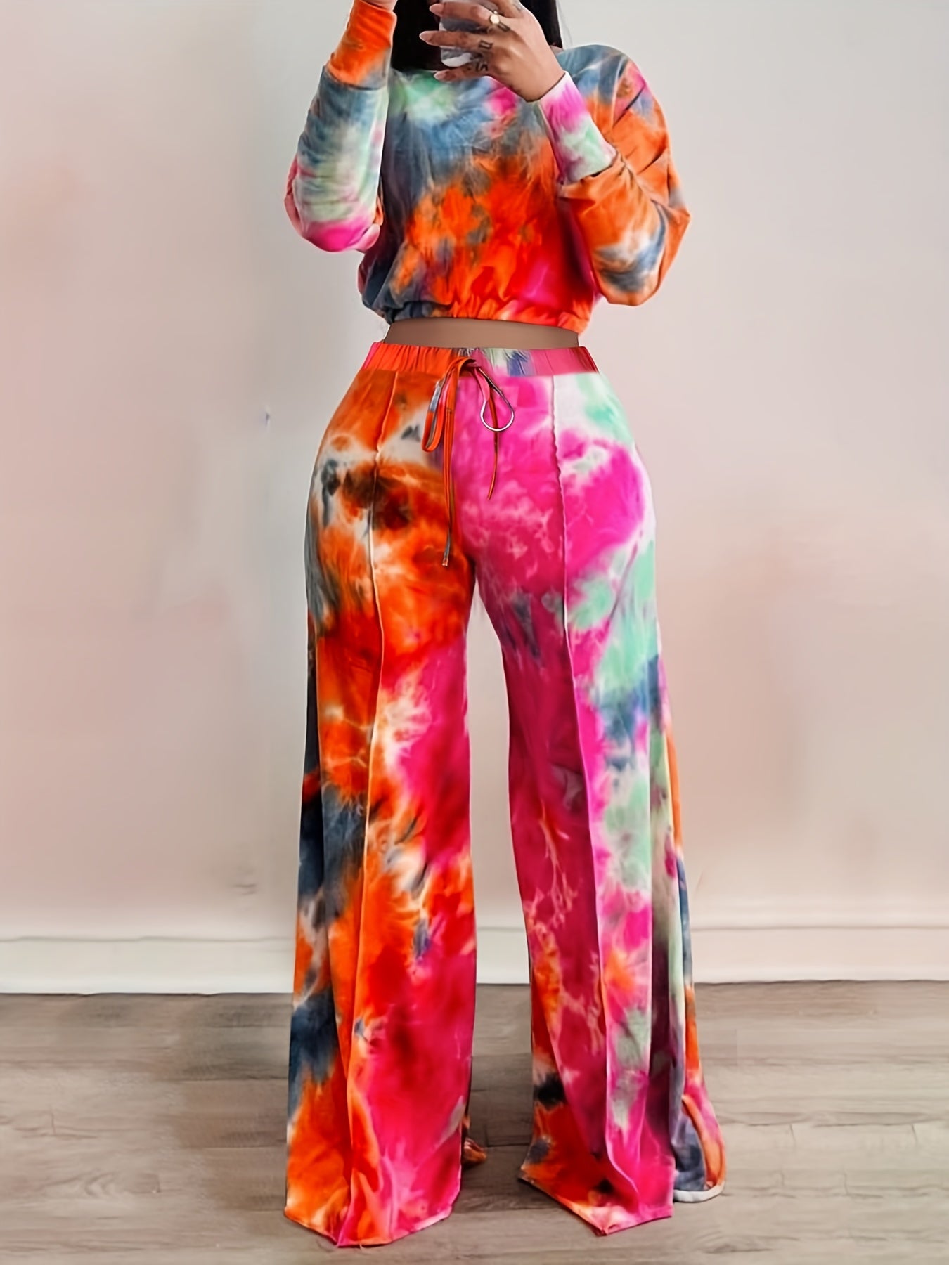 Casual Tie Dye Two-piece Set Long Sleeve Crop Top & Pants Outfit