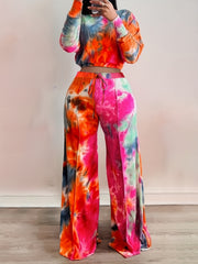 Casual Tie Dye Two-piece Set Long Sleeve Crop Top & Pants Outfit