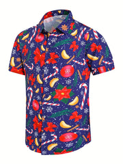 Men's Christmas Graphic Print Button Up Short Sleeve Shirt