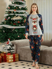 Christmas Elk Print Pajama Set Long Sleeve Top & Pants Women's Sleepwear