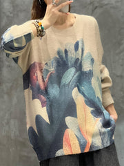 Women's Leaf Print Long Sleeve Sweater