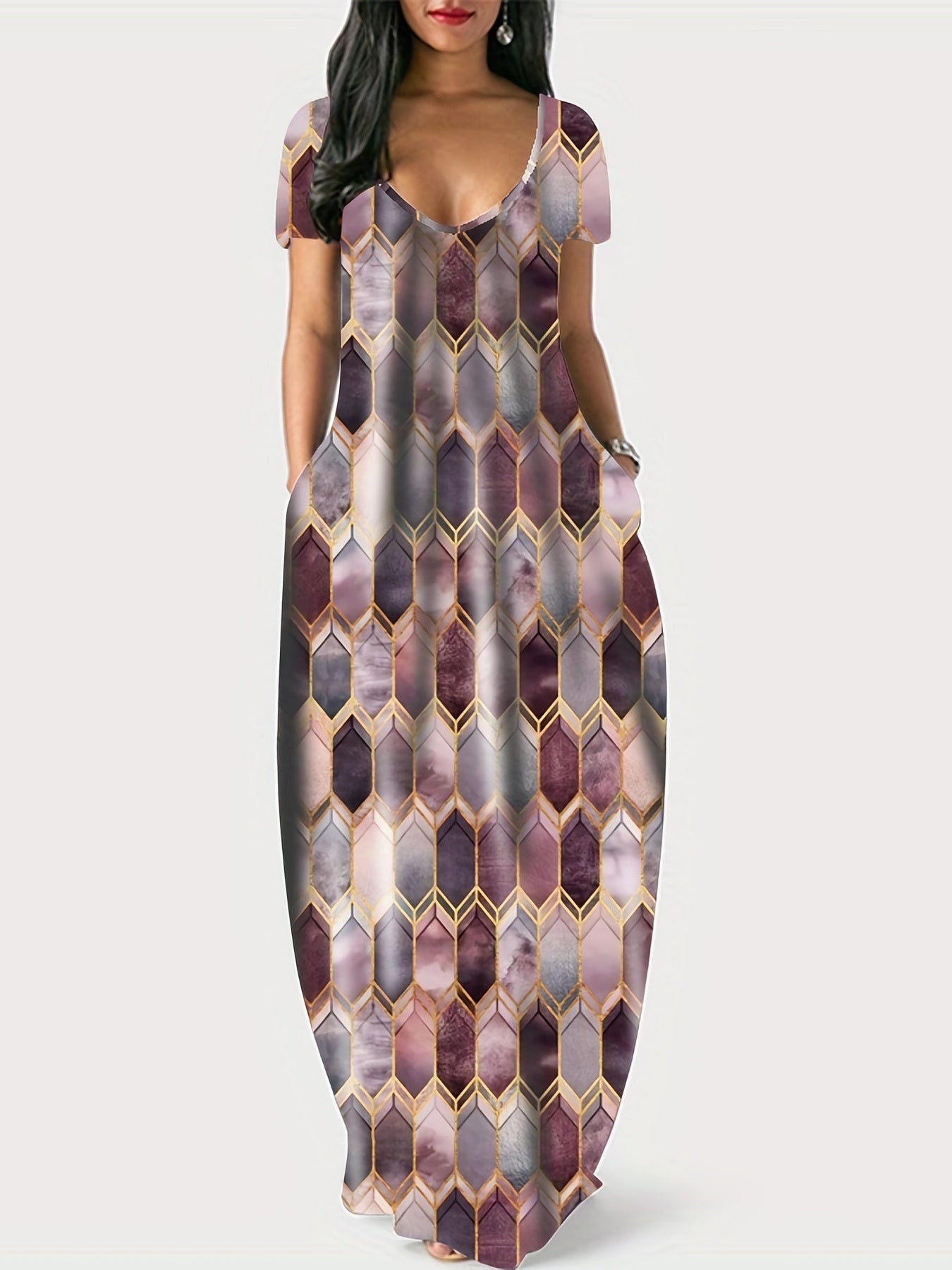 Colorblock Geometric Print V Neck Maxi Dress