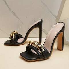 Metallic Buckle Heels Square Toe Slip On Block Heels Slingback Mule Sandals