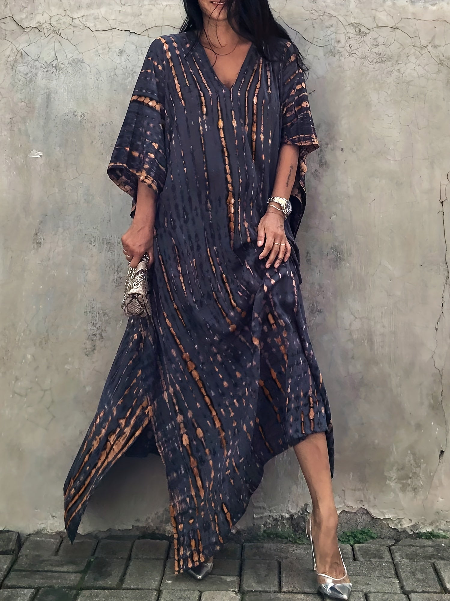 Tie Dye Split Beach Resort Maxi Kaftan Cover Up Dress Kimono Sleeve V Neck