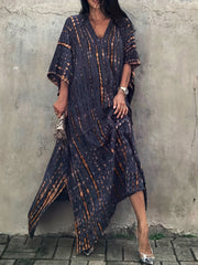 Tie Dye Split Beach Resort Maxi Kaftan Cover Up Dress Kimono Sleeve V Neck