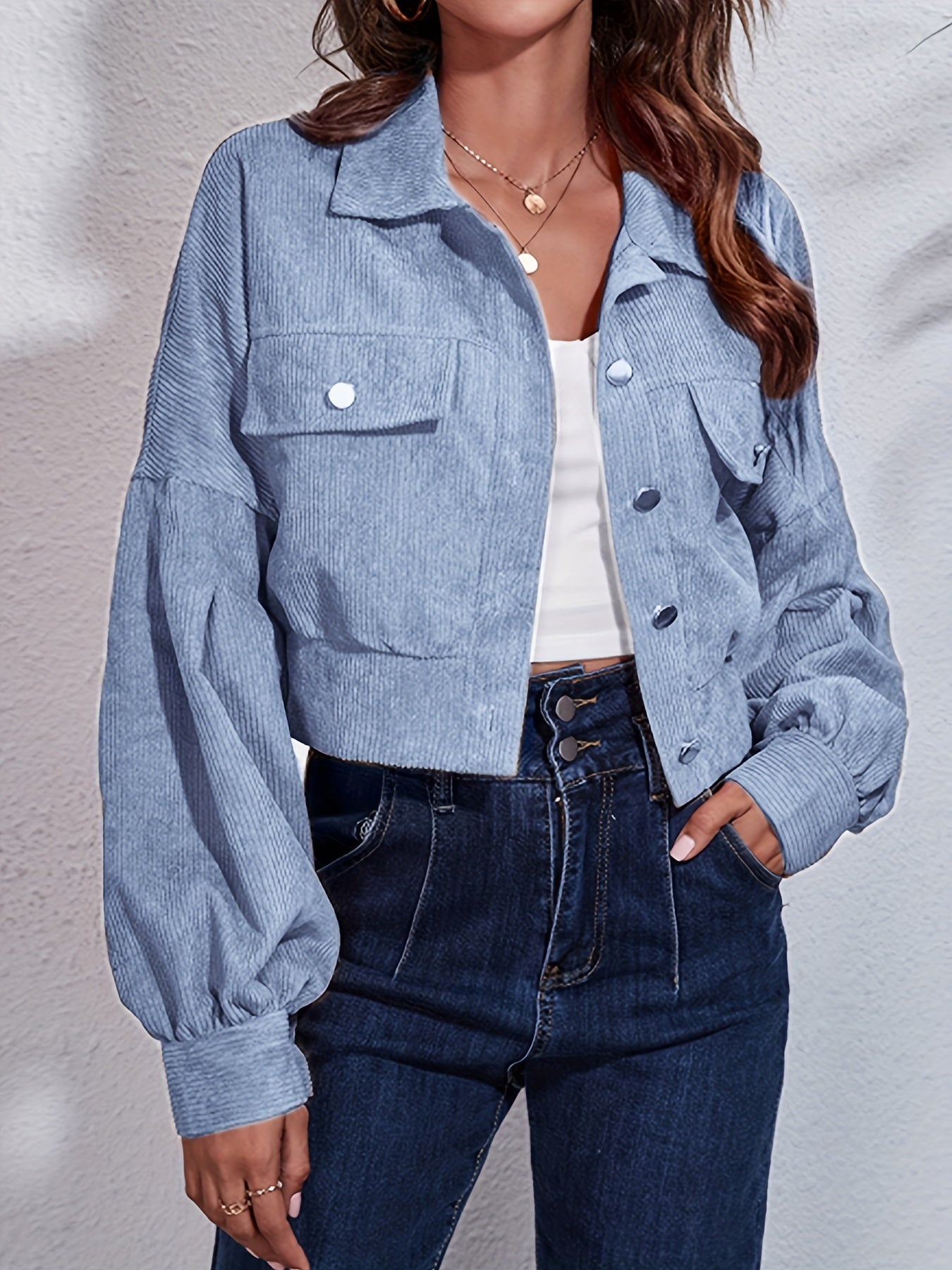 Ribbed Corduroy Cropped Jacket with Lantern Sleeves