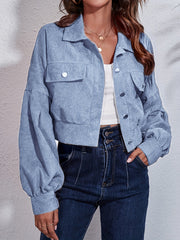 Ribbed Corduroy Cropped Jacket with Lantern Sleeves