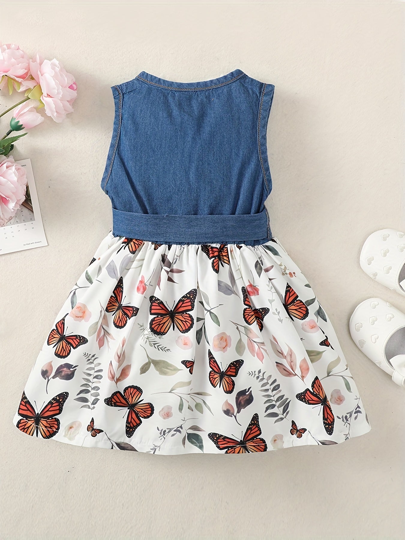 Baby Girls Casual Puffy Denim Dress with Butterflies Print