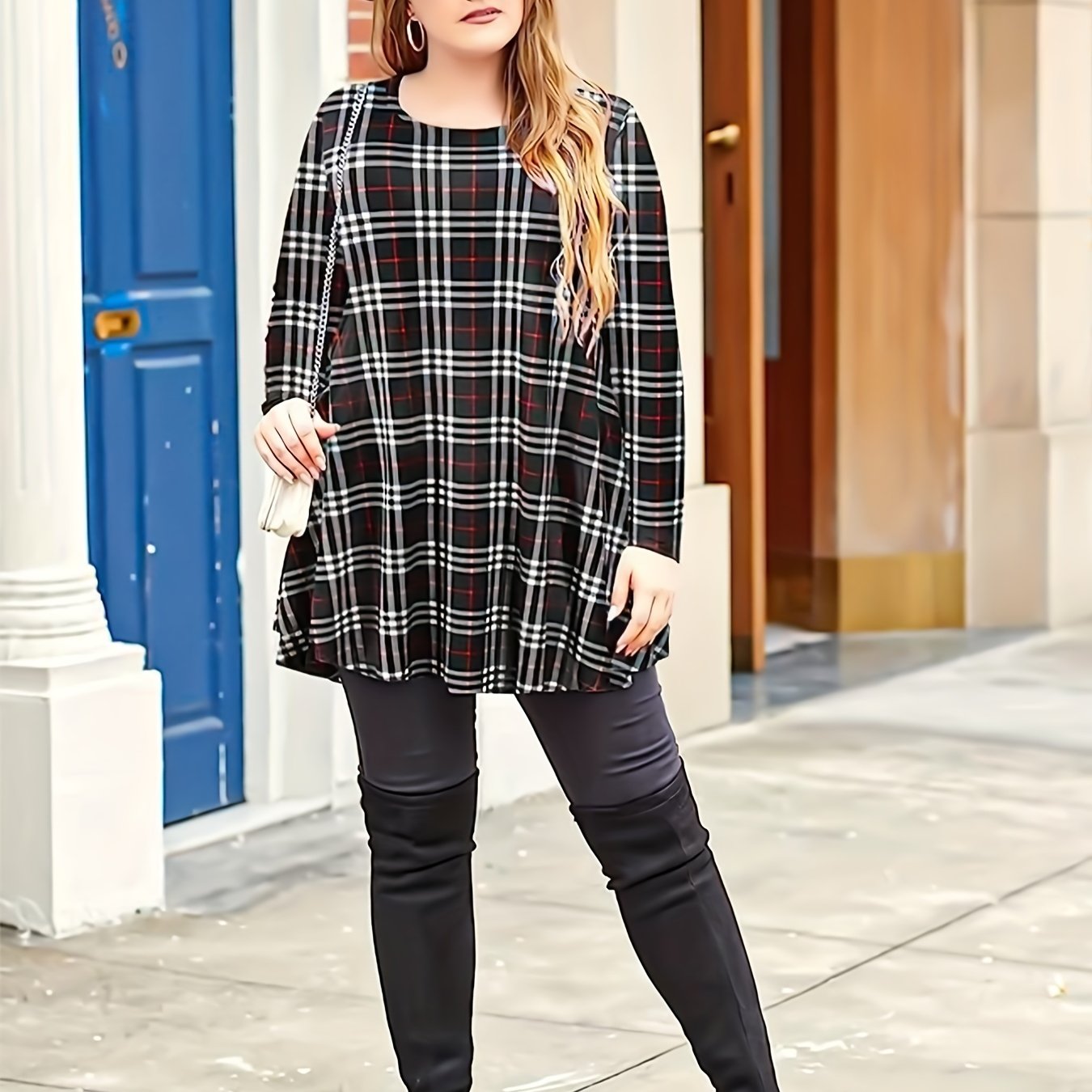 Women's Plaid Print Long Sleeve A Line Mini Dress