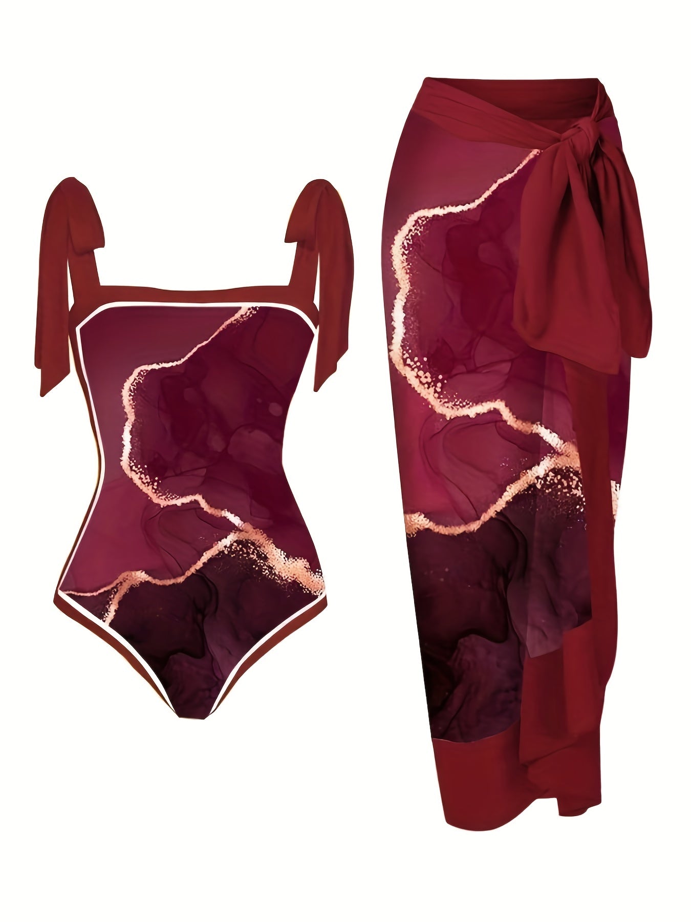 Burgundy Print Two Piece Swimsuit with Cover Up Shirt