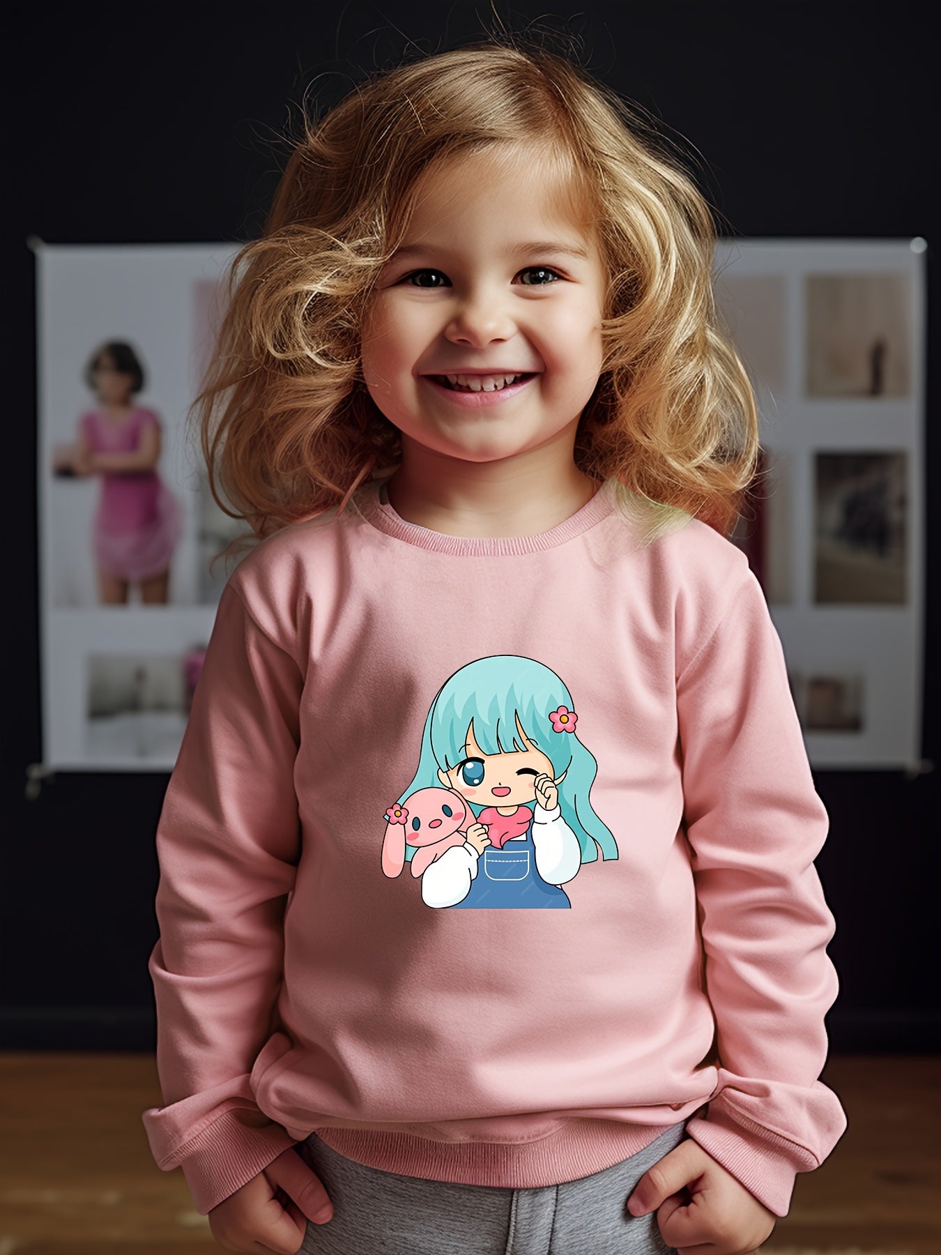 Girls Girl Pattern Crew Neck Long Sleeve Sweatshirt For Spring Fall