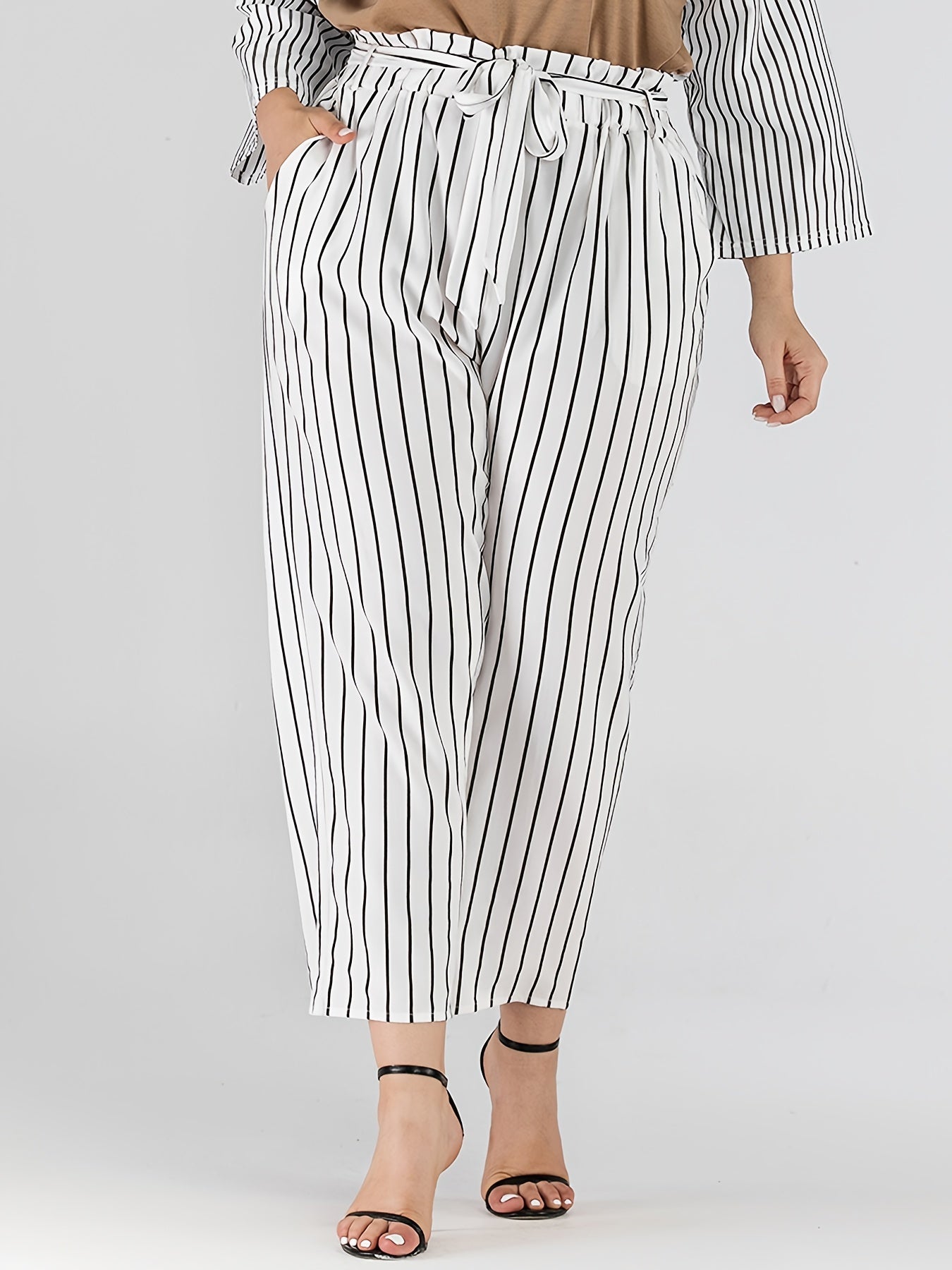 Striped Print Straight Leg Pants With Belt Women's Plus High Rise Loose Fit