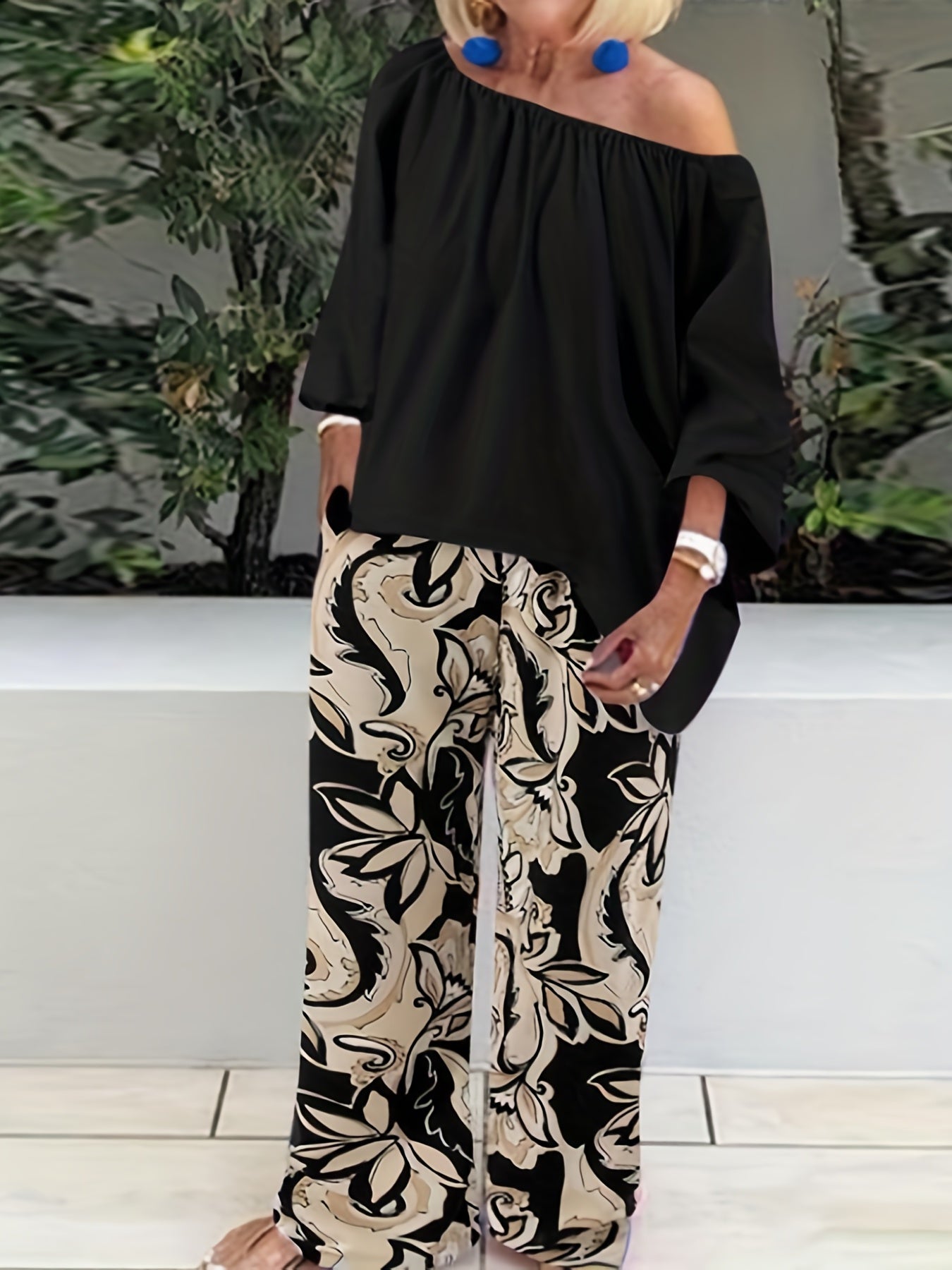 Off Shoulder Top & Floral Wide Leg Pants 2-Piece Set