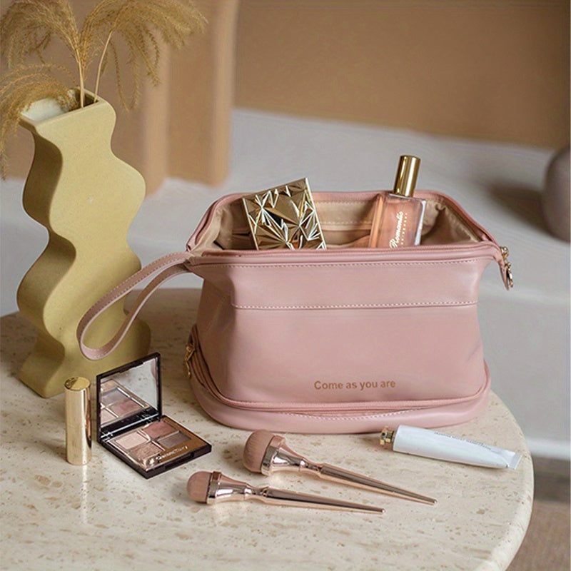 Double Layer Large Capacity Cosmetic Bag with Brush Organizer for Women