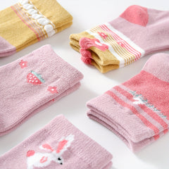 5 Pairs Kids Girls Baby Pink Cartoon Rabbit Strawberry Mid Tube Socks