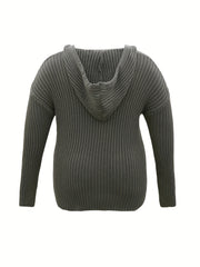 Solid Ribbed Long Sleeve Hooded Knit Top