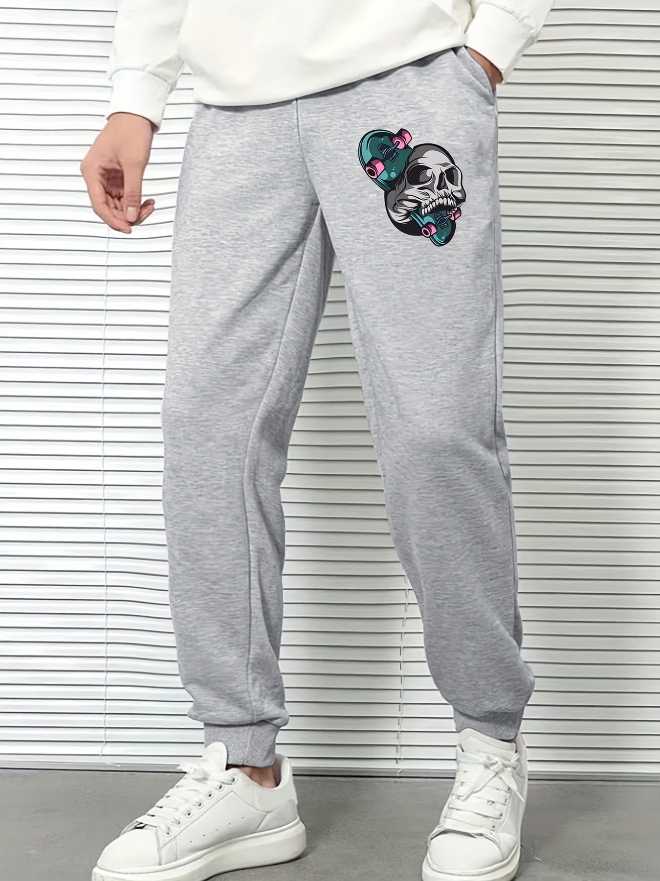 Skull & Skateboard Print Sports Pants - Drawstring Joggers