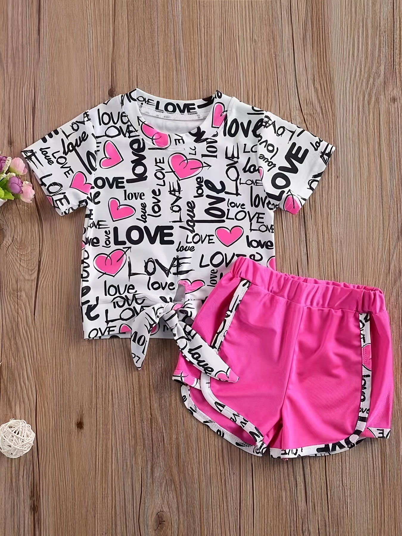 Girls Heart Print T-shirt & Shorts Set for Summer