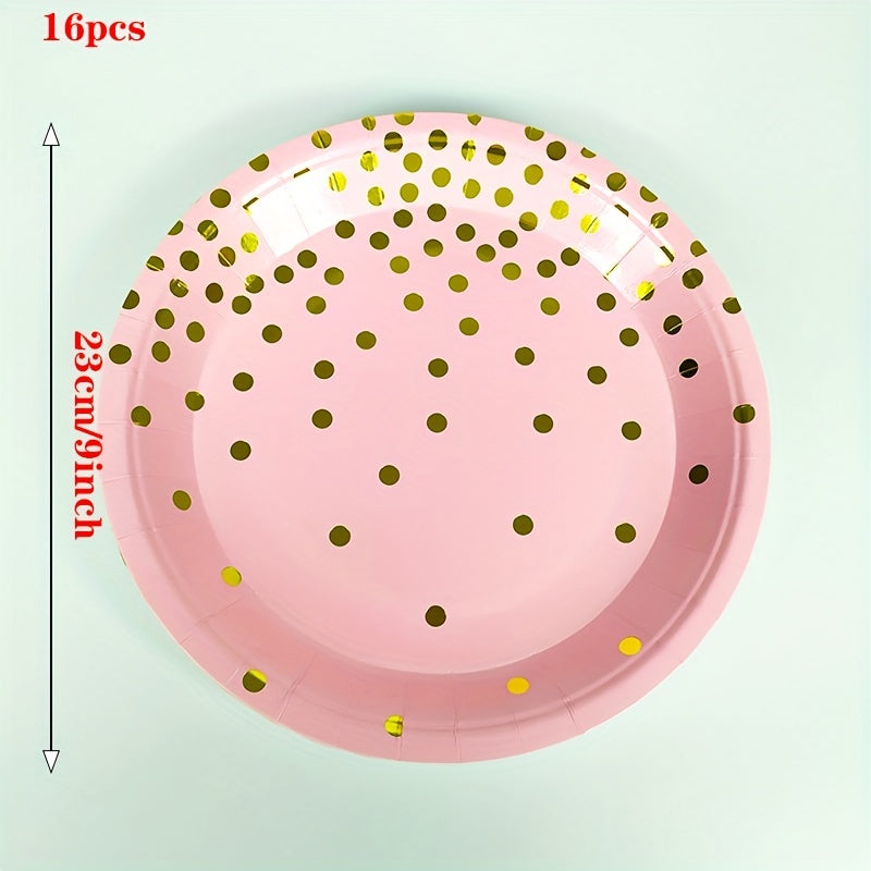 16pcs Pink/Gold Party Supplies Disposable Dinnerware Set for Birthday Baby Showe