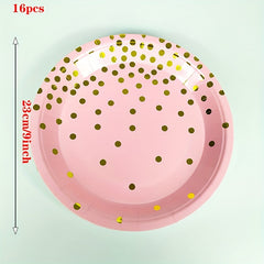 16pcs Pink/Gold Party Supplies Disposable Dinnerware Set for Birthday Baby Showe