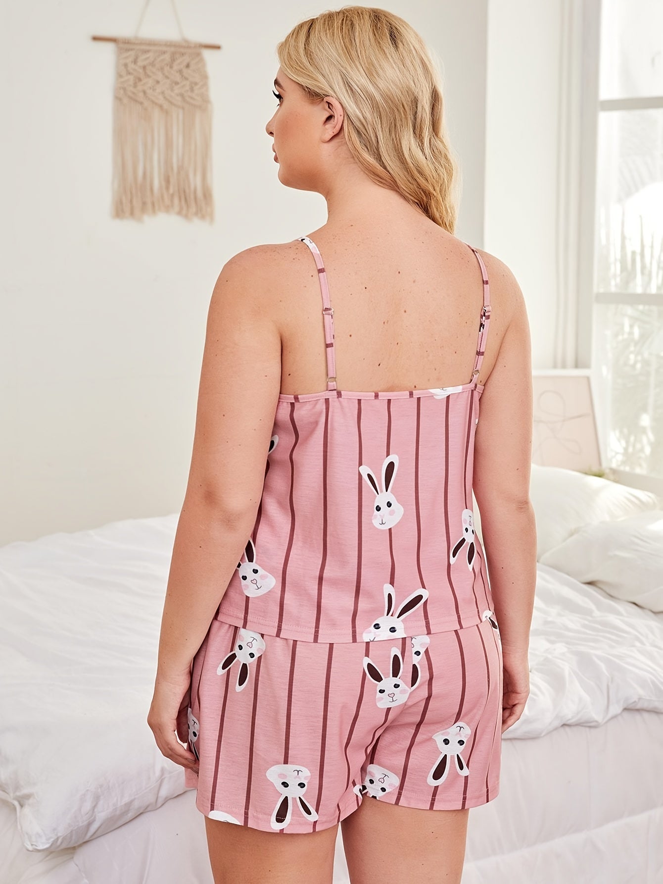 Striped & Rabbit Print Cami & Shorts Set