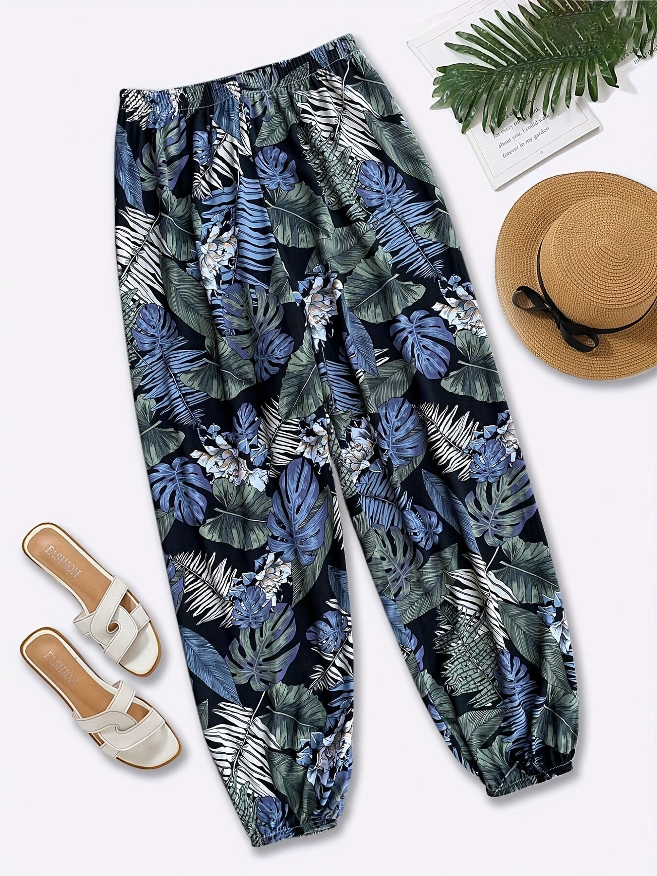 Plant Print Elastic Waist Baggy Pants for Women
