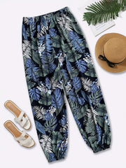 Plant Print Elastic Waist Baggy Pants for Women