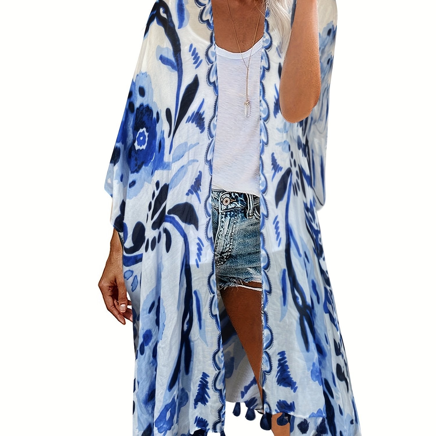 Floral Print Tassel Trim Batwing Sleeve Cover Up Kaftan