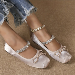 Women's Rhinestone Strap Ballet Shoes Square Toe Lightweight Walking Shoes