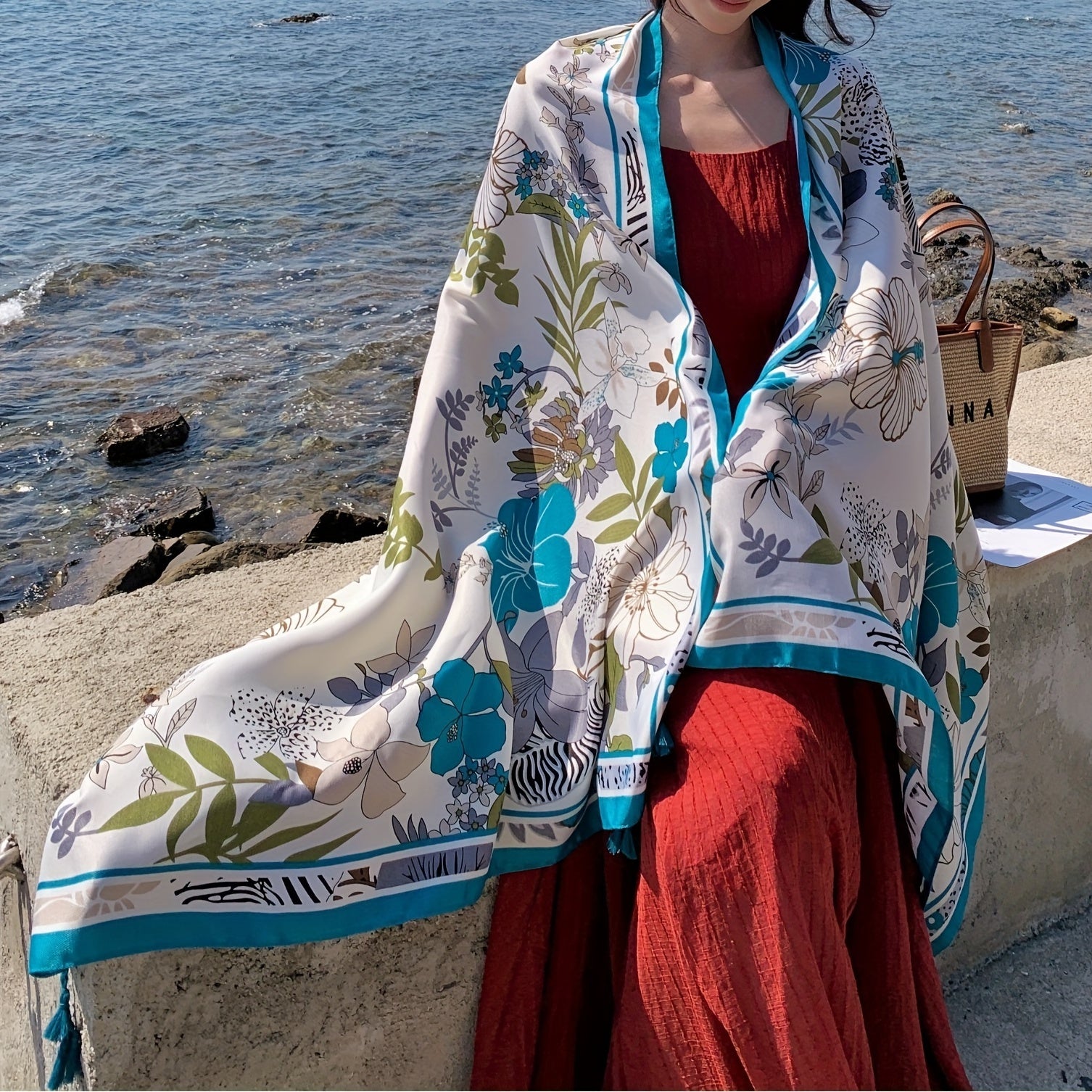 Flower Print Oversized Scarf Boho Tassel Shawl