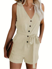 Bow Tie Jumpsuit V Neck Sleeveless Short Length Women's Clothing