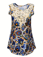 Floral Print Lace Tank Top Vintage Sleeveless Summer Top