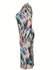 Allover Print Long Sleeve Mock Neck Dress