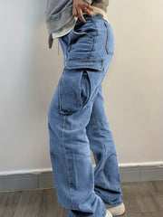 Side Flap Pocket Cargo Jeans Mid Waist Loose Fit Denim Pants