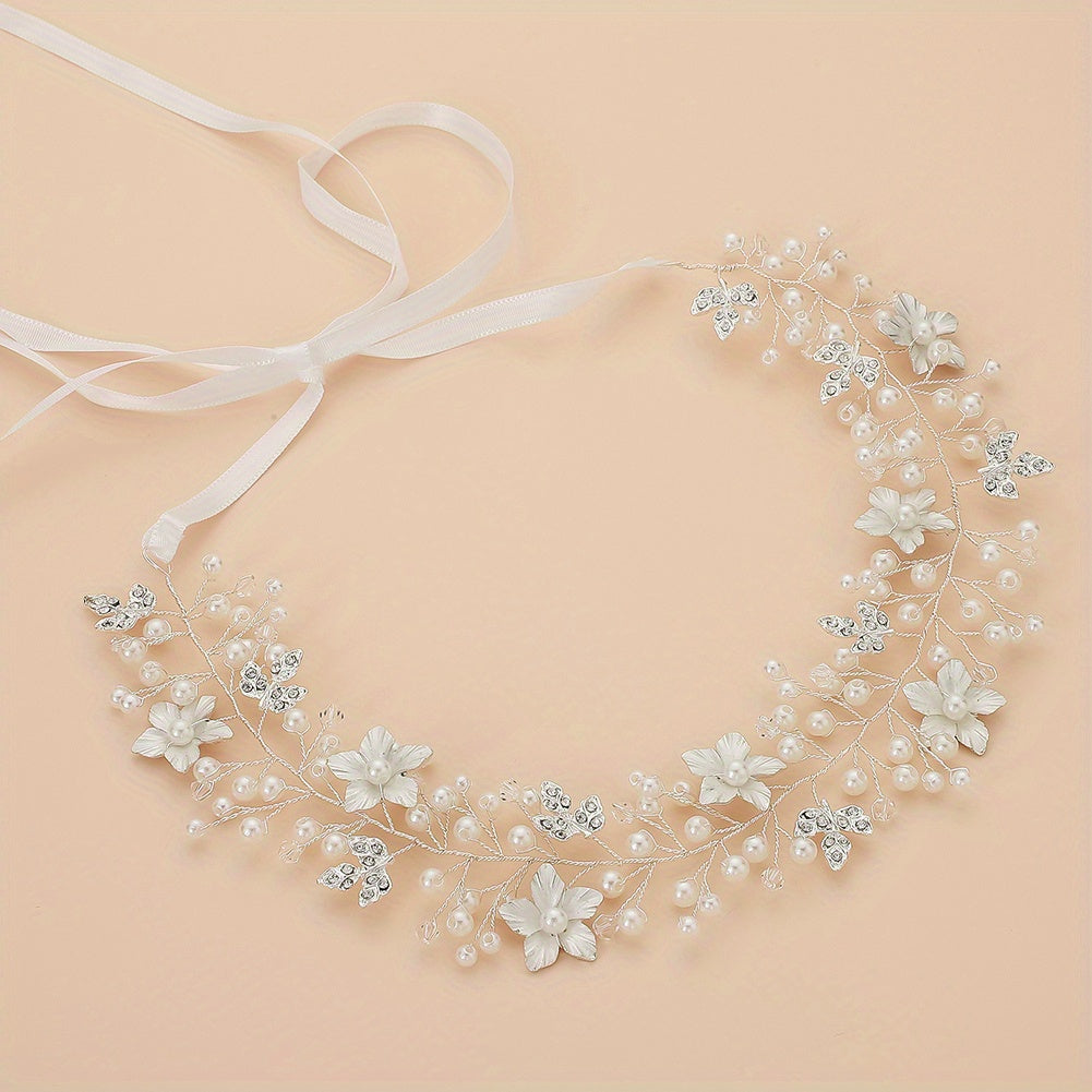 Flower Charm Hair Band Rhinestone & Pearl Headband Bridal Wedding
