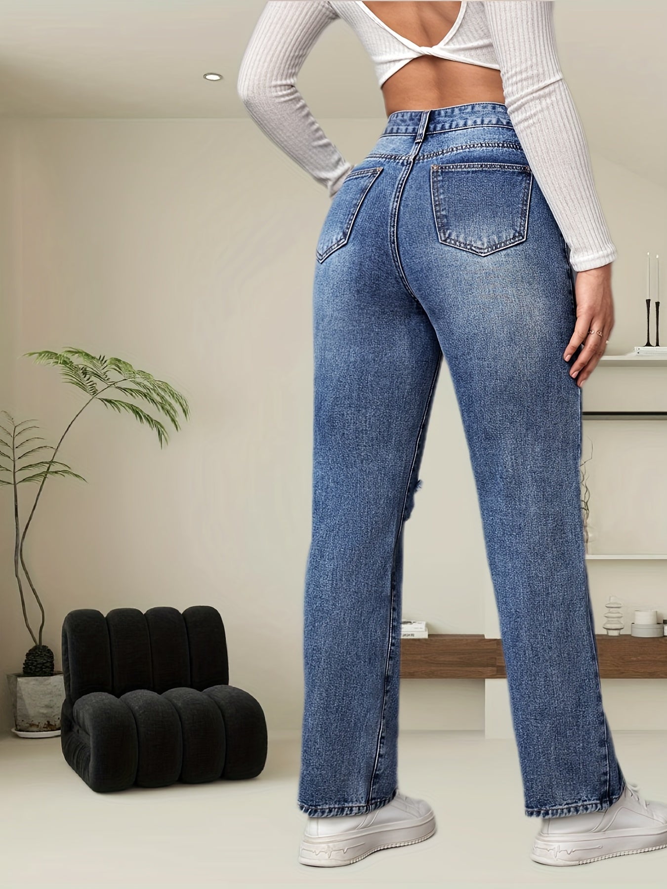 Loose Fit Straight Jeans Ripped Holes Slash Pockets Non Stretch
