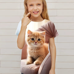 3D Kitty Graphic Crew Neck Short Sleeve T-shirt Girls Summer Clothes
